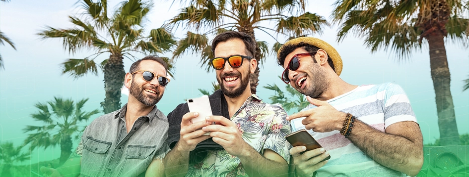 Grupo de amigos curtindo as férias com apostas tranquilas e responsáveis.