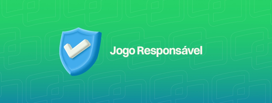 O texto Jogo Responsável aparece em branco, ao lado de um escudo de proteção azul com um check branco, sobre um fundo verde e degradê com um padrão de elos de corrente.